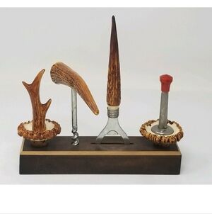 Vintage Resin Stag Horn Barware Set - Wood Stand